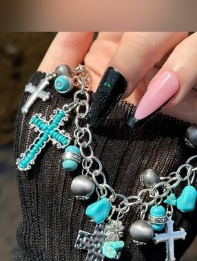 Turquoise Bead Cross Charm Bracelet - Women Jewelry